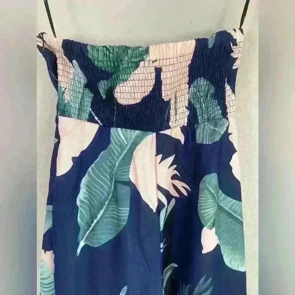 Lulu's Rainforest Blooms Navy Blue Print Strapless Midi Jumpsuit Women's Large - Picture 8 of 13